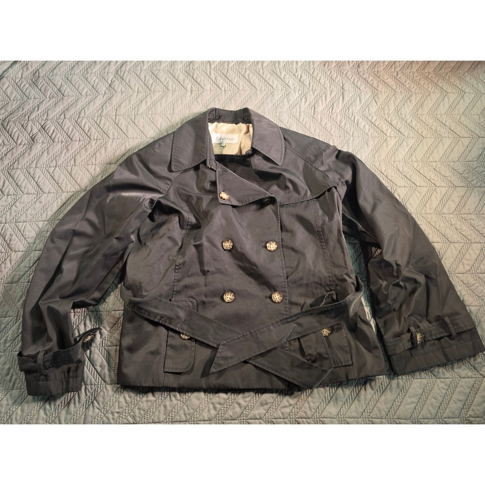 Calvin Klein Womens Black Double Breasted Short Trench Coat Belted Jacket XL
